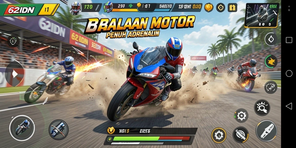 Screenshot menampilkan aksi balapan motor yang mendebarkan.