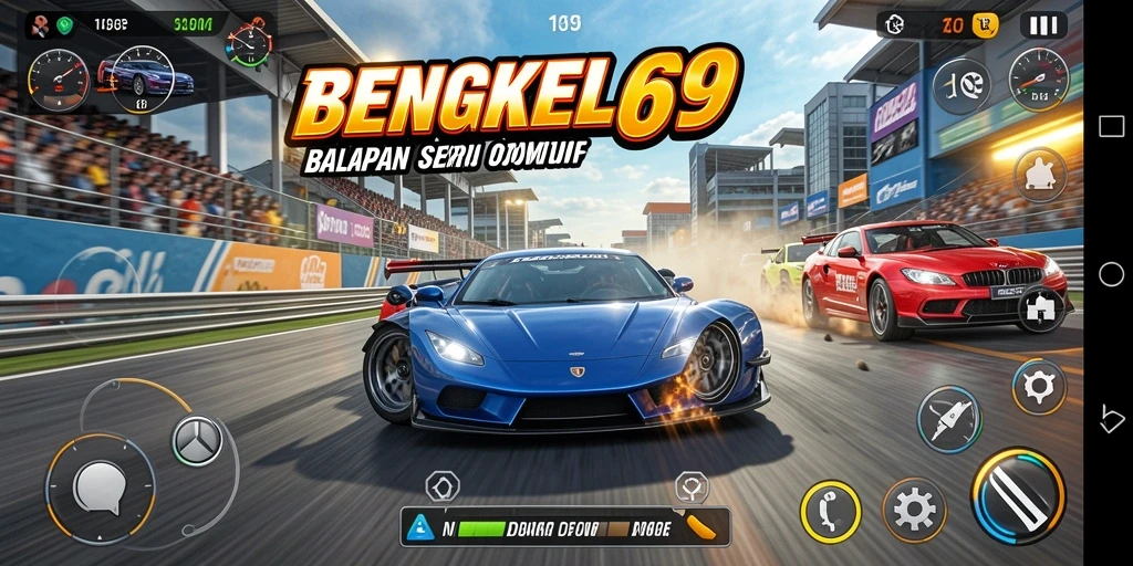 Tangkapan layar gameplay BENGKEL69 menampilkan aksi balapan yang mendebarkan.