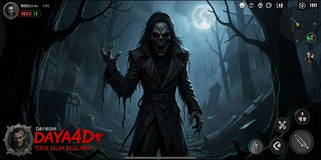 Screenshot gameplay DAYA4D menampilkan suasana horor yang mencekam.