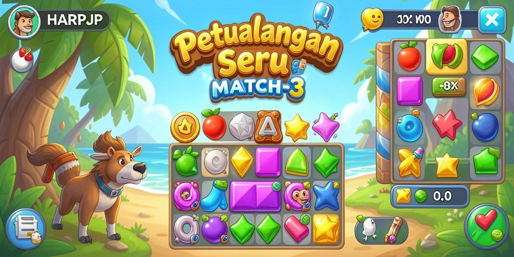 Tampilan gameplay seru HARAPJP dengan berbagai blok berwarna.