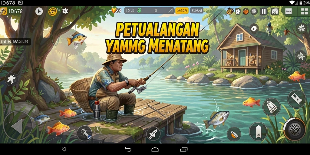 Screenshot gameplay ID678 menampilkan aksi menangkap ikan di lokasi pemandangan indah.