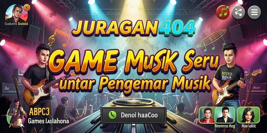 Screenshot utama JURAGAN404 menampilkan gameplay interaktif dengan berbagai alat musik.