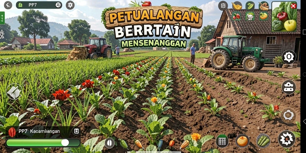 Tampilan gameplay PP7 dengan aktivitas bertani yang seru.