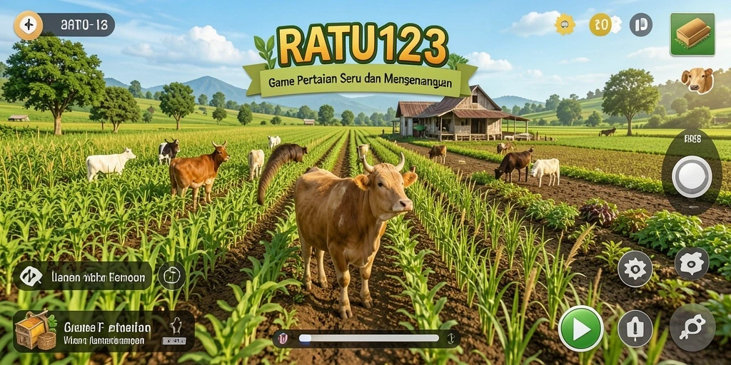 Screenshot gameplay RATU123 menampilkan ladang subur dengan berbagai tanaman.